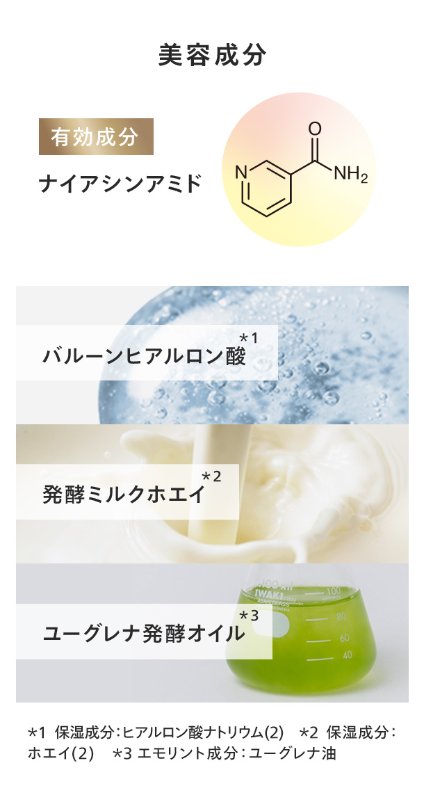 美容成分 ナイアシンアミド バルーンヒアルロン酸 発酵ミルクホエイ ユーグレナ発酵オイル