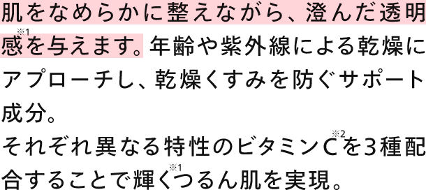 年齢や紫外線による乾燥にアプローチし、乾燥くすみを防ぐサポート成分。