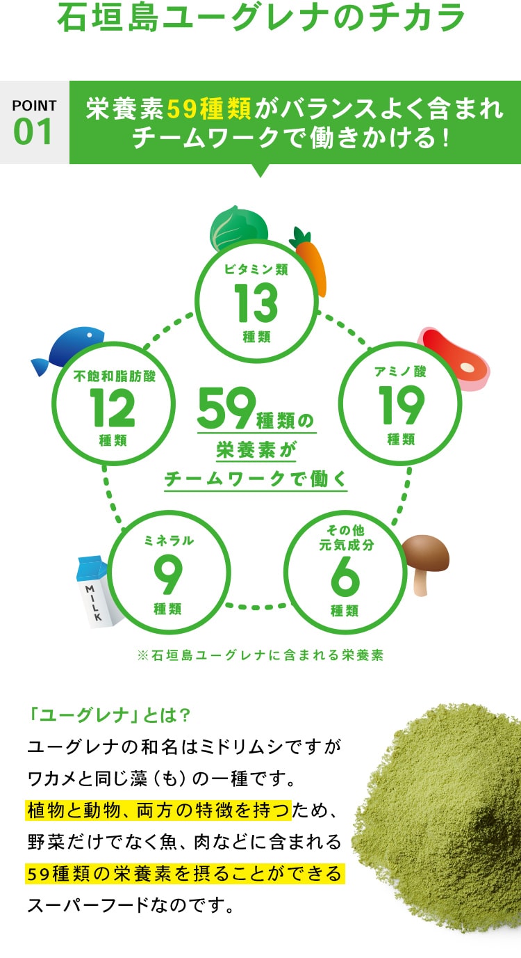 石垣島ユーグレナのチカラ　POINT.01：栄養素59種類がバランスよく含まれチームワークで働きかける！ユーグレナは植物と動物、両方の特徴を持つため、野菜だけでなく魚、肉などに含まれる59種類の栄養素を摂ることができるスーパーフードなのです。