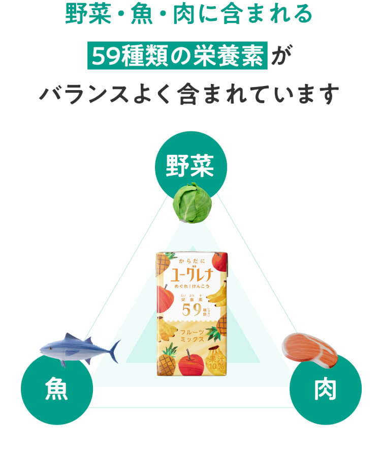 野菜・魚・肉に含まれる 59種類の栄養素がバランスよく含まれています