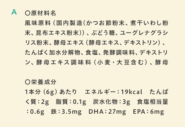原材料名 風味原料（国内製造(かつお節粉末、煮干いわし粉末、昆布エキス粉末)）、ぶどう糖、ユーグレナグラシリス粉末、酵母エキス（酵母エキス、デキストリン）、たんぱく加水分解物、食塩、発酵調味料、デキストリン、酵母エキス調味料（小麦・大豆含む）、酵母 栄養成分 1本分（6g）あたり　エネルギー：19kcal　たんぱく質：2g　脂質：0.1g　炭水化物：3g　食塩相当量：0.6g　鉄：3.5mg　DHA：27mg　EPA：6mg
